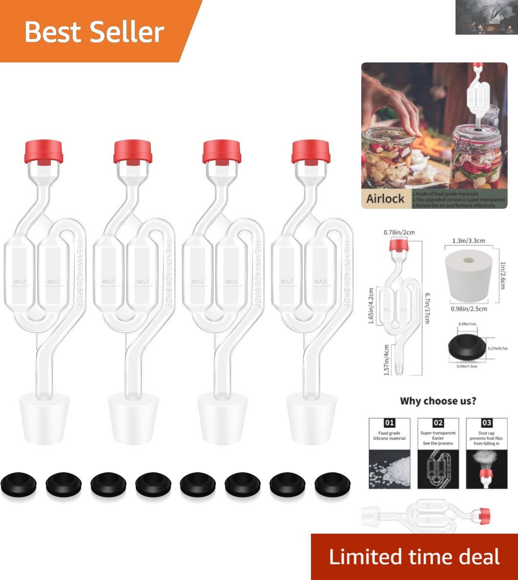 Complete Fermentation Set: 4 Transparent Airlocks & 8 Grommets for Home Brewing