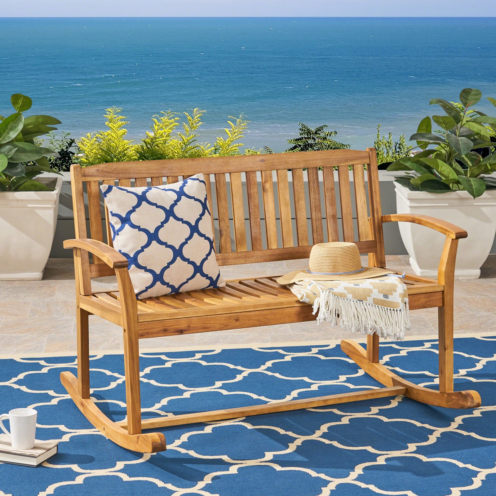 2 Person Outdoor Rocking Chair Wooden Rocking Bench Acacia Wood Patio Loveseat