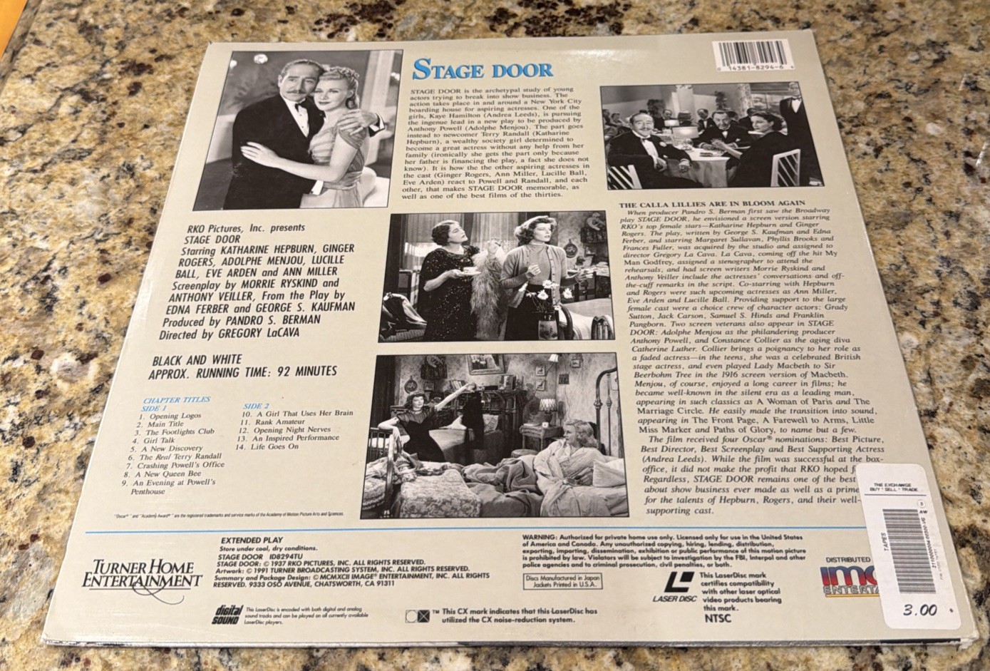 STAGE DOOR LASERDISC- KATHERINE HEPBURN, GINGER ROGERS