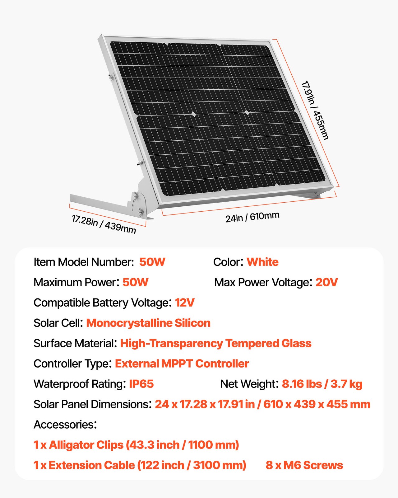 VEVOR Solar Battery Trickle Charger Kit 50W 12V with Upgraded MPPT Controller