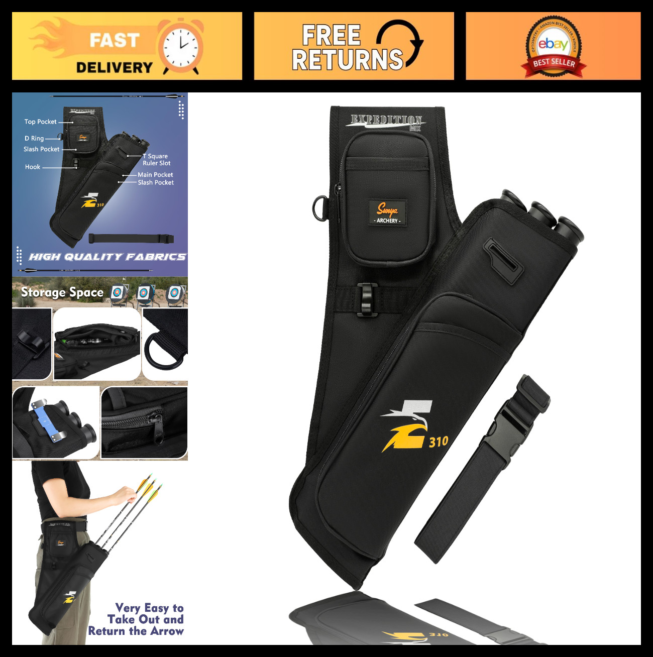 Archery Hip Quiver for Arrows - 3 Tube Holder, Accessory Pockets, Waist Belt, Fi