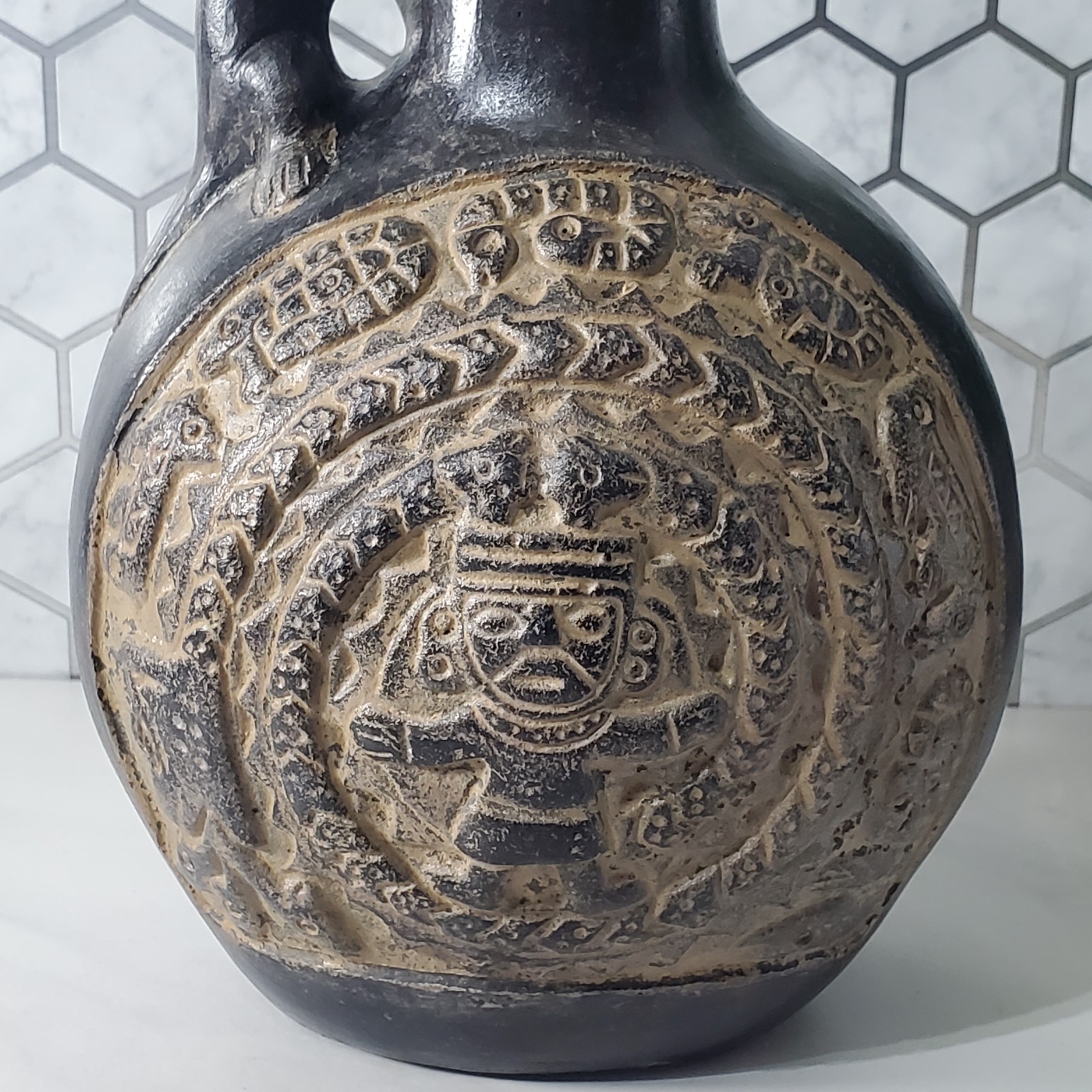 Pre Columbian Chimu Peruvian Blackware Serpent Monkey Vessel Replica