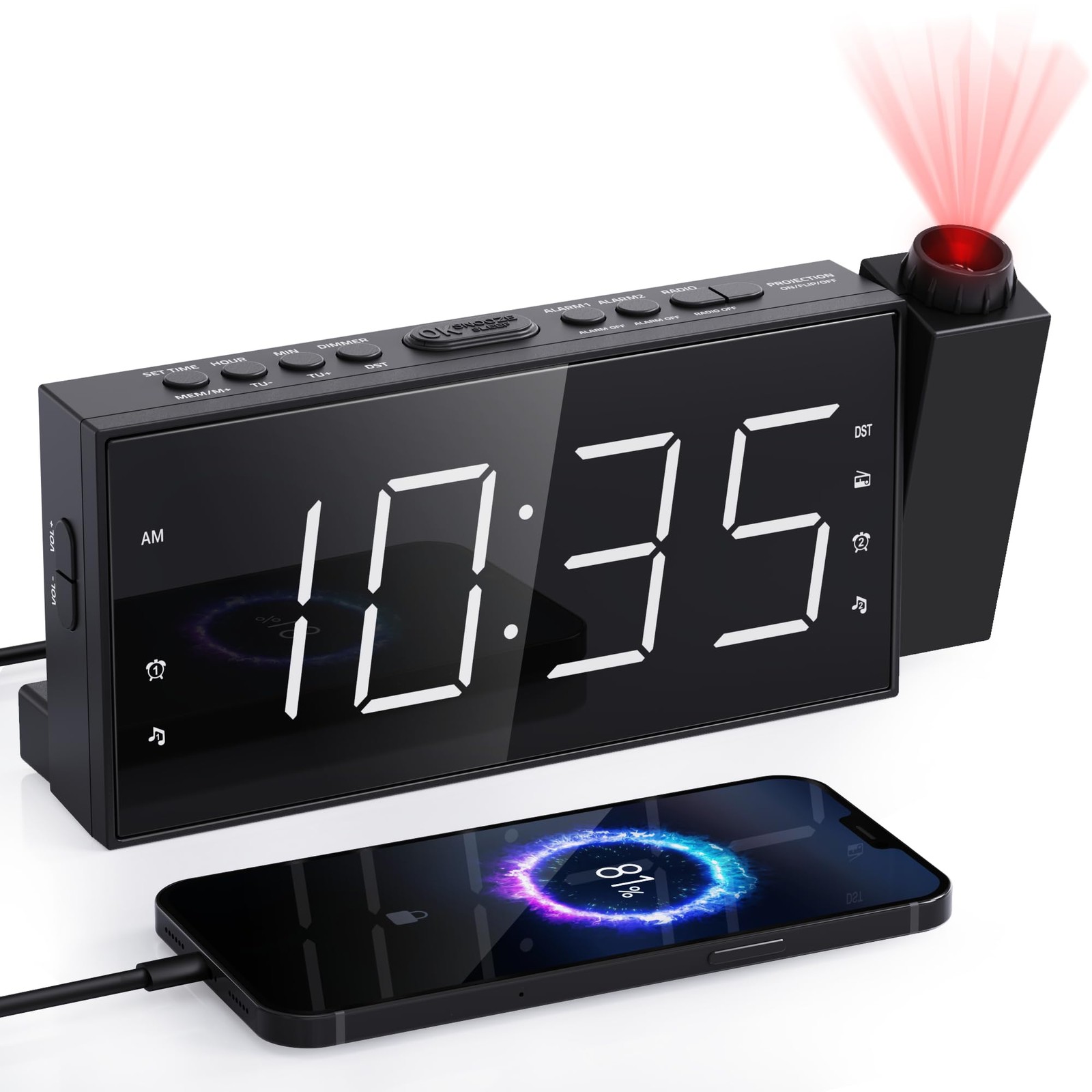 Mesqool Projection Alarm Clock with 7.99 x 3.58 x 1.18 inches, White Digits