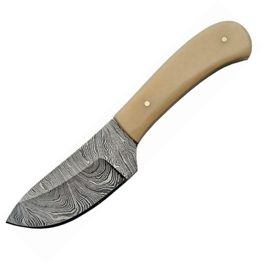Damascus Knife 2.75" DM Steel Skinner Full Tang Blade White Smooth Bone handles