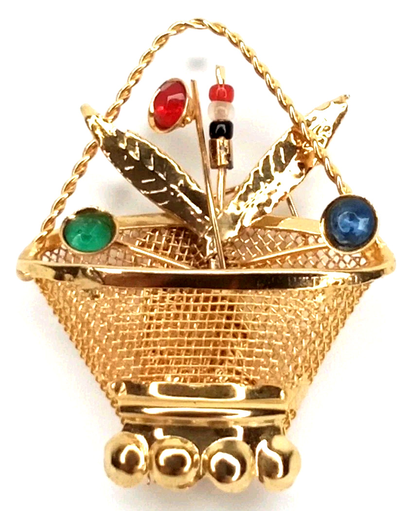 Vintage Gold Tone Brooch Pin Basket Cabachon Stones Mesh Feathers Jewelry Gift