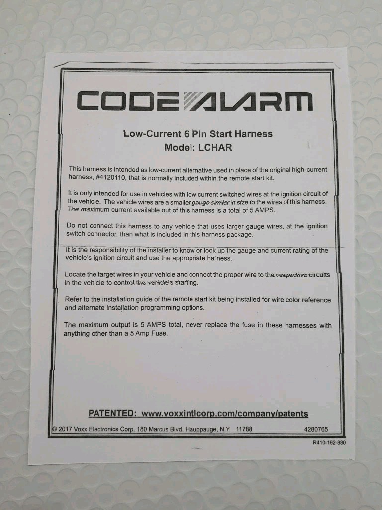 CODE ALARM LCHAR LOW CURRENT 6 PIN START HARNESS