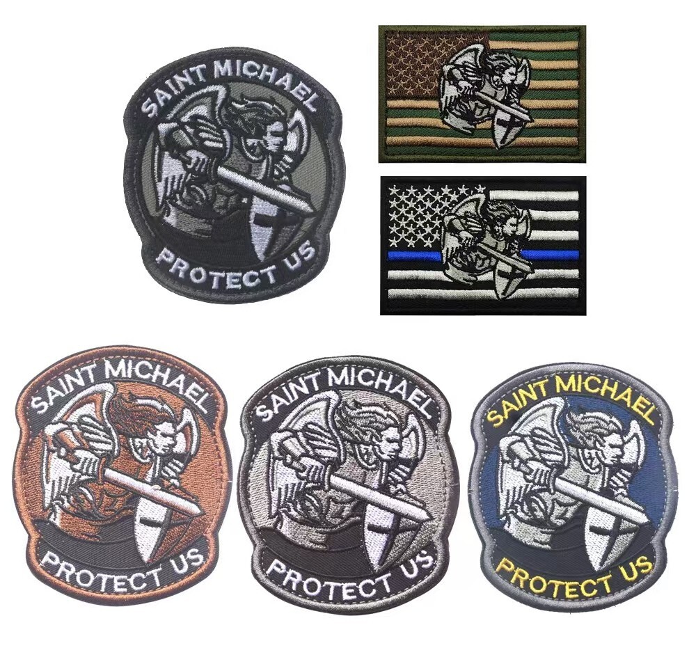 6PCS MODERN SAINT ST. MICHAEL PROTECT US BLUE LINE USA US FLAG HOOK LOOP PATCH
