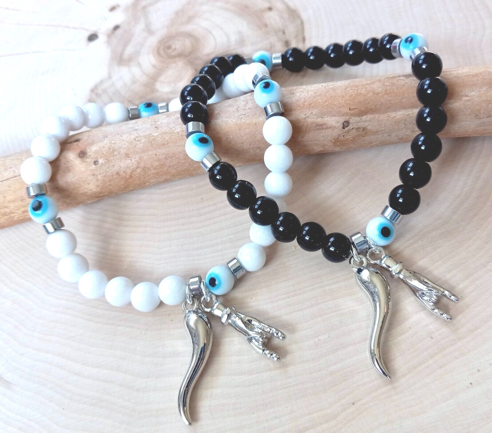 Silver Mano Cornuto Bracelet, Italian Horn Cornicello Evil Eye, Black Onyx, Slim