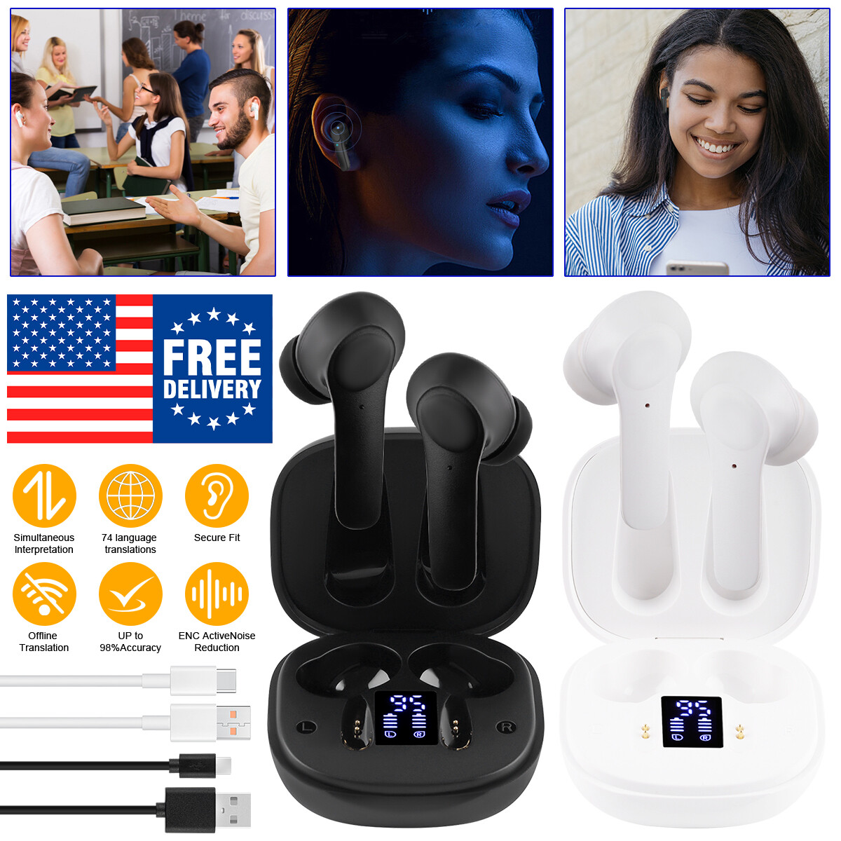 Translator Earbuds 144 Languages Real Time Translator Earphones Smart Voice NEW