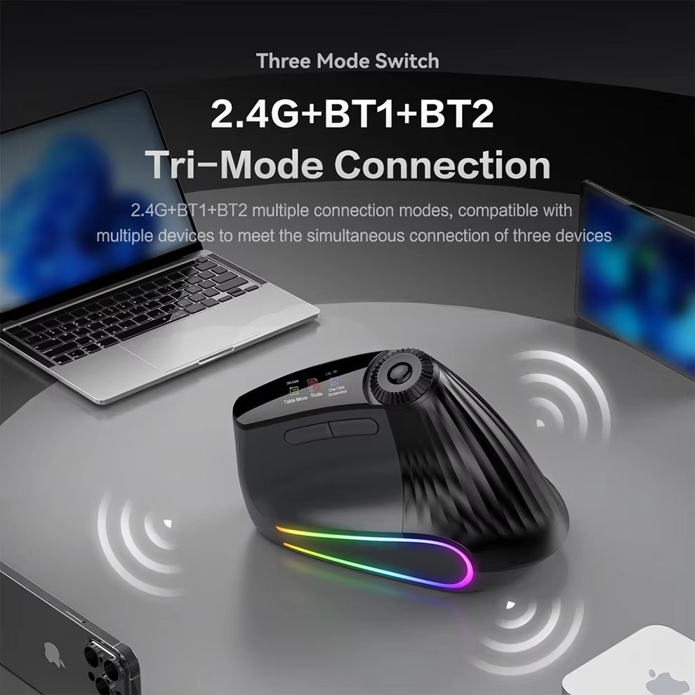 Backlit Wireless Ergonomic Mouse Bluetooth 2.4G Rechargeable w/ Smart Scroll