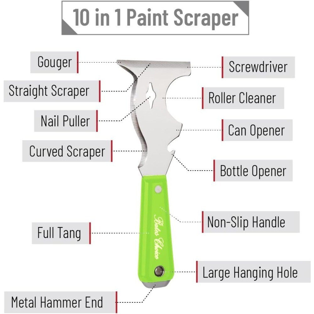 Bates- Paint Scraper, 10 in 1 Painters Tool, Green Handle Paint Scrapers for