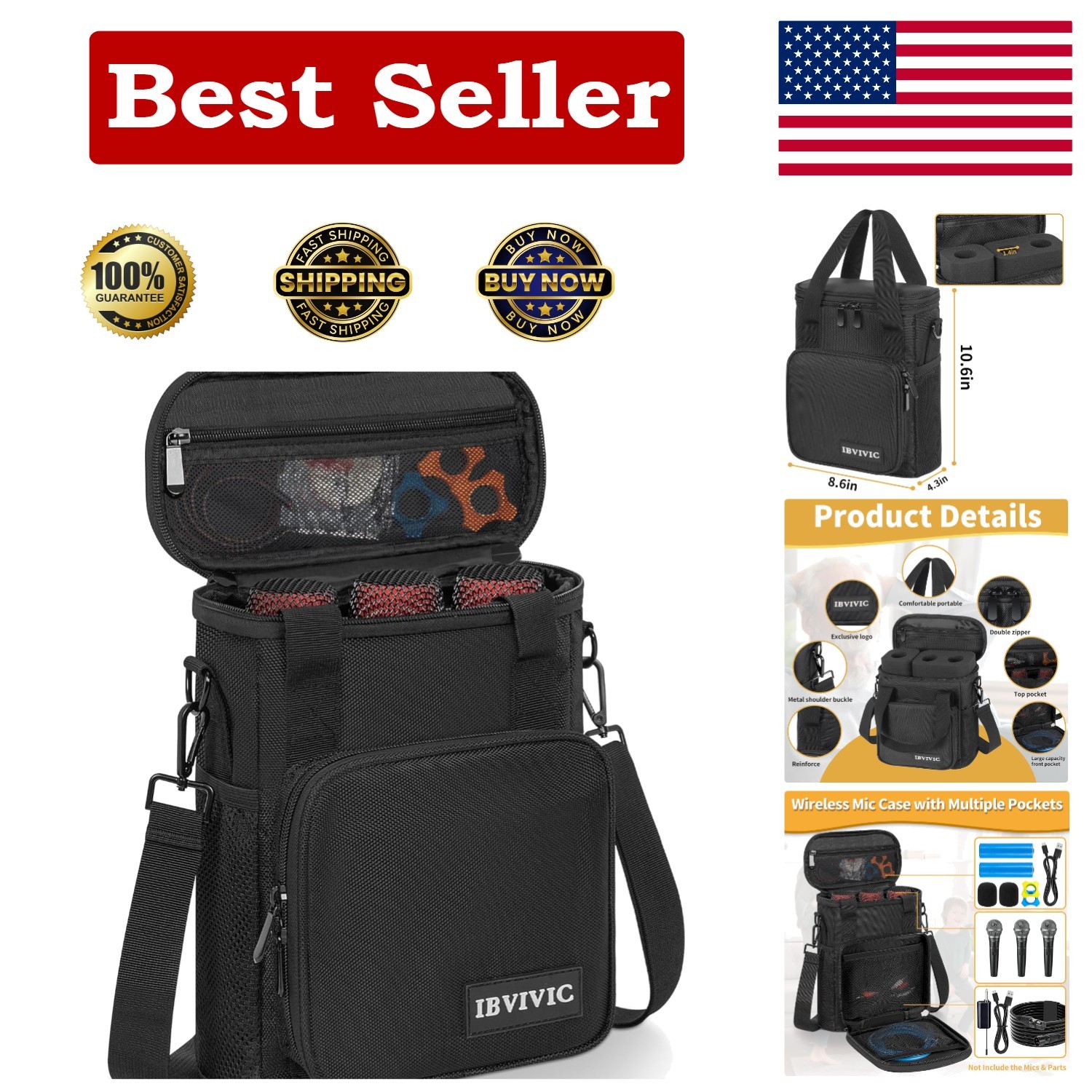 Elegant 3-Slot Wireless Microphone Case - Customizable Foam & Strap Included