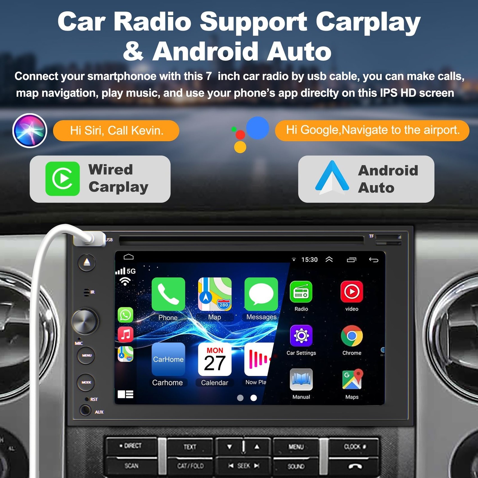 Double Din Car Stereo with CD/DVD Player Apple Carplay & Android Auto, 7 Inch...
