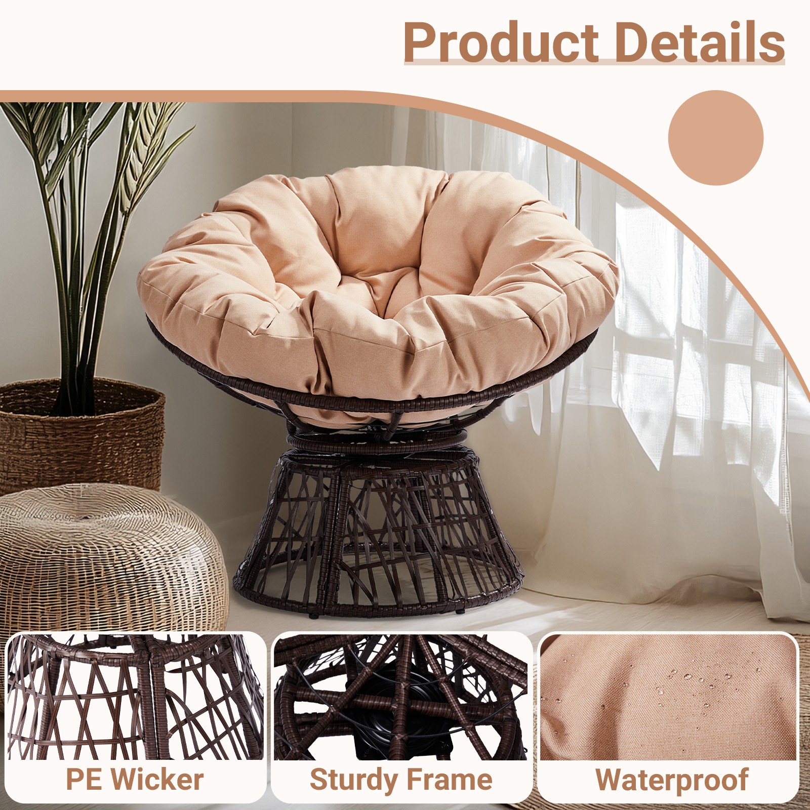32 inch In/Outdoor Shape Dark Brown Rattan Beige Cushion Swivel Radar Egg Chair