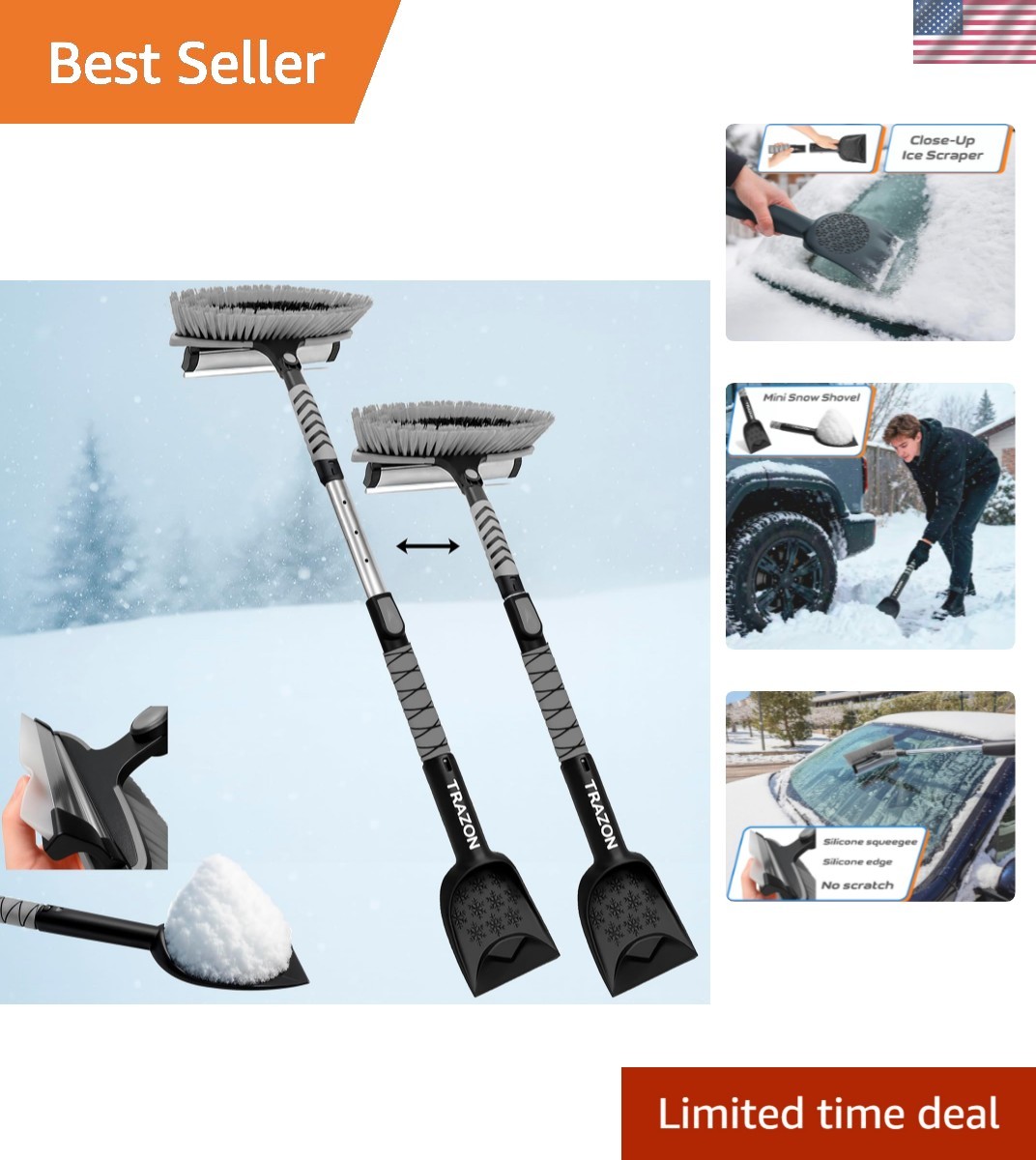 Compact 42.4" Snow Brush & Ice Scraper with Detachable Handle - Cars & SUVs