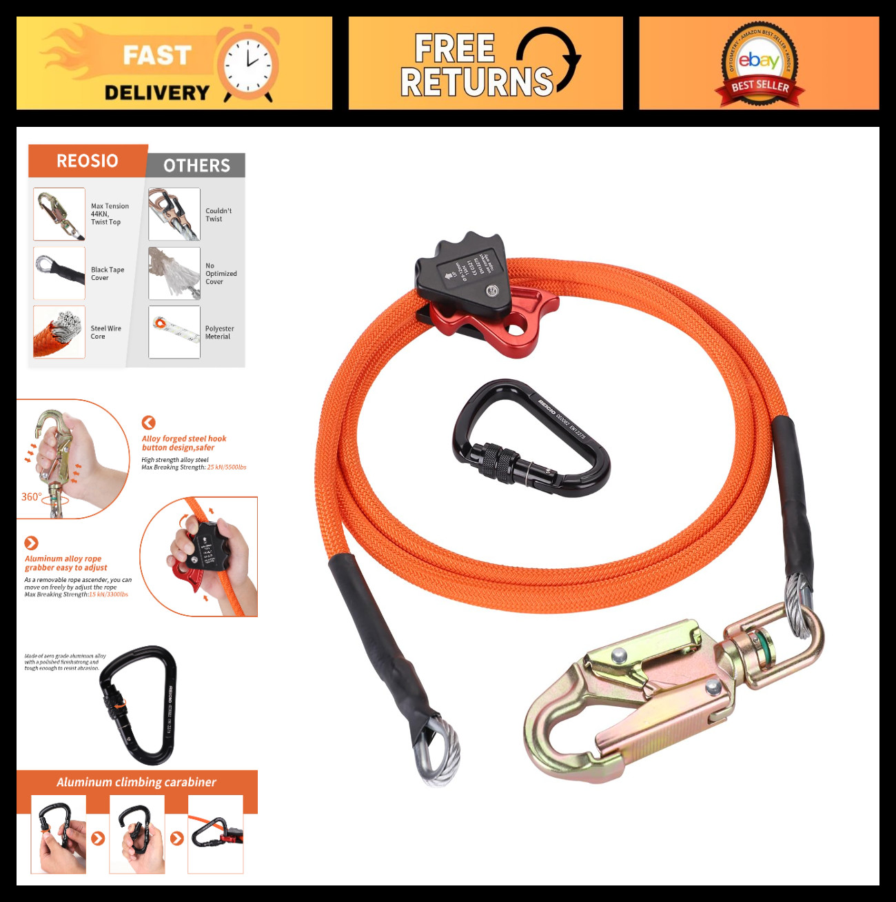 1/2" x 8' Steel Wire Core Flipline with Grab Adjuster & Swivel - Arborist Climbi