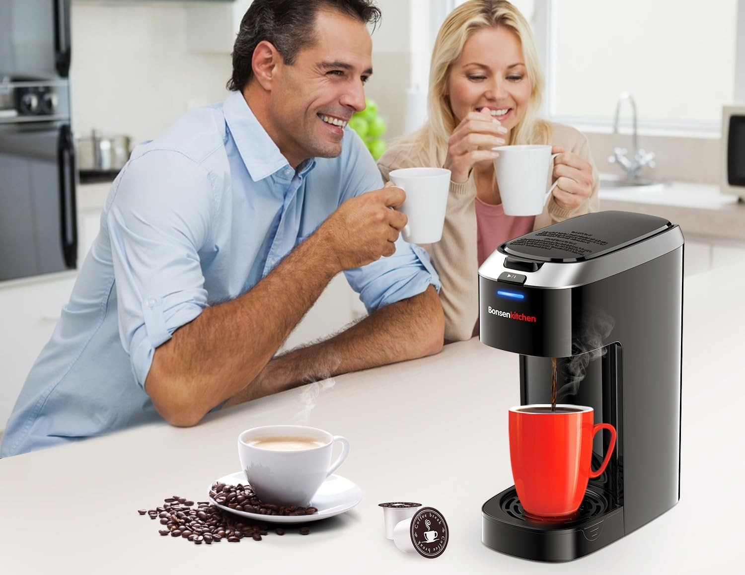 Bonsenkitchen Single Serve Coffee Maker K Cup Pod with 6-14oz Brew Size- 3 Min F