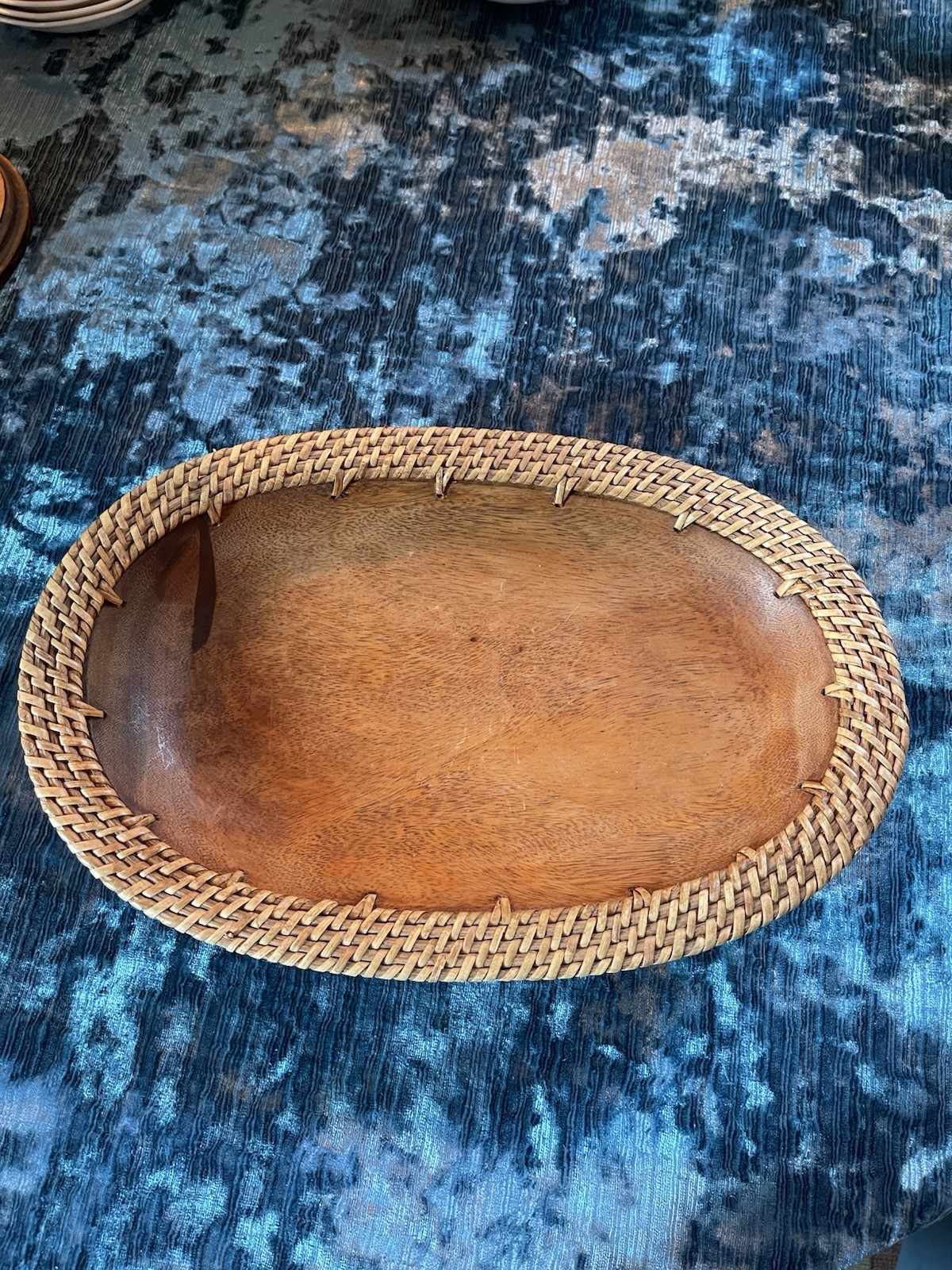 Vtg Hand Carved Wooden Basket Bowl  W/ Rattan Woven Edge-Detailed EUC