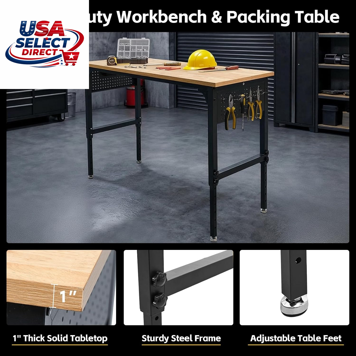 60" Heavy-Duty Garage Workbench, 2300LBS Capacity Work Table with Power Strip, W