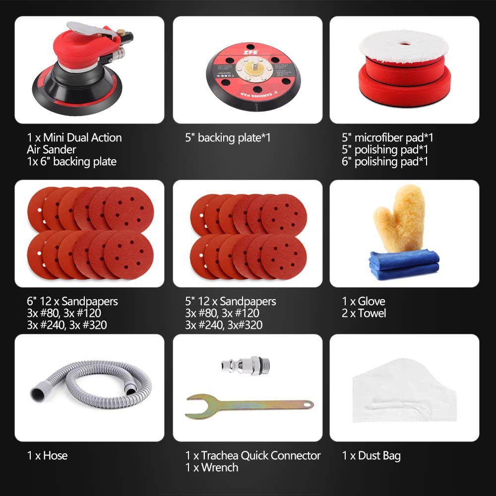 ZFE Random Orbital Sander 5" & 6" Pneumatic Palm Sander with Extra 5" Backing...