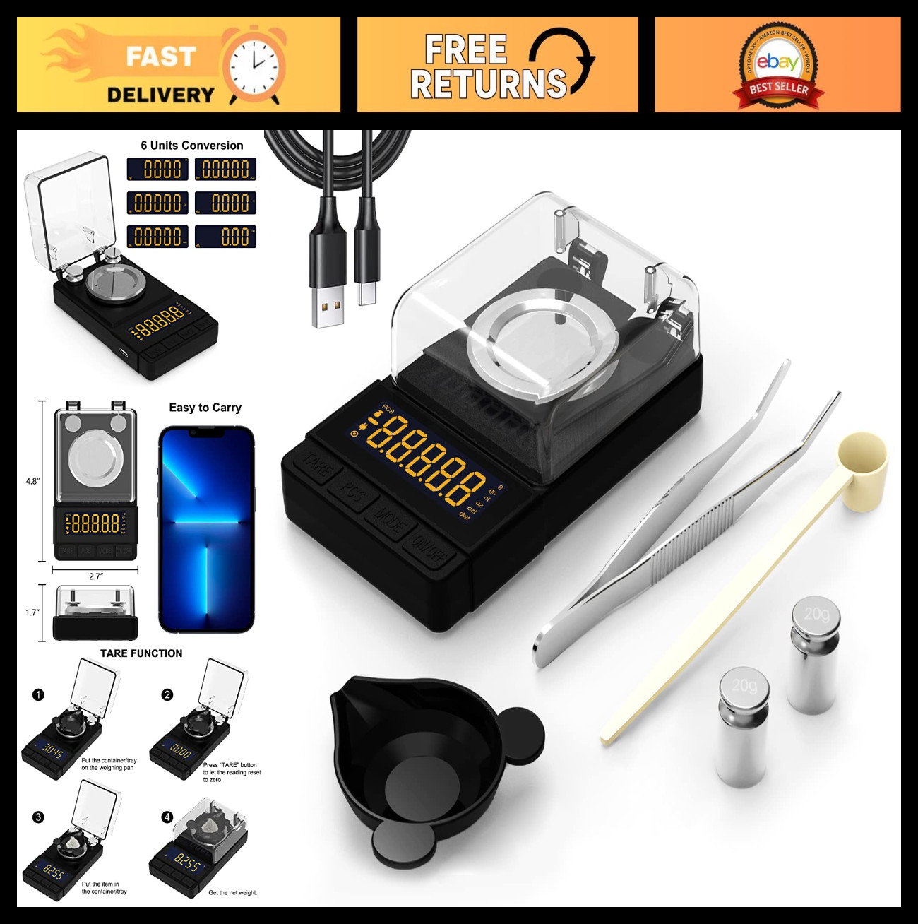Precision Digital Milligram Scale 50g/0.001g, Compact Calibration Scale with 20g