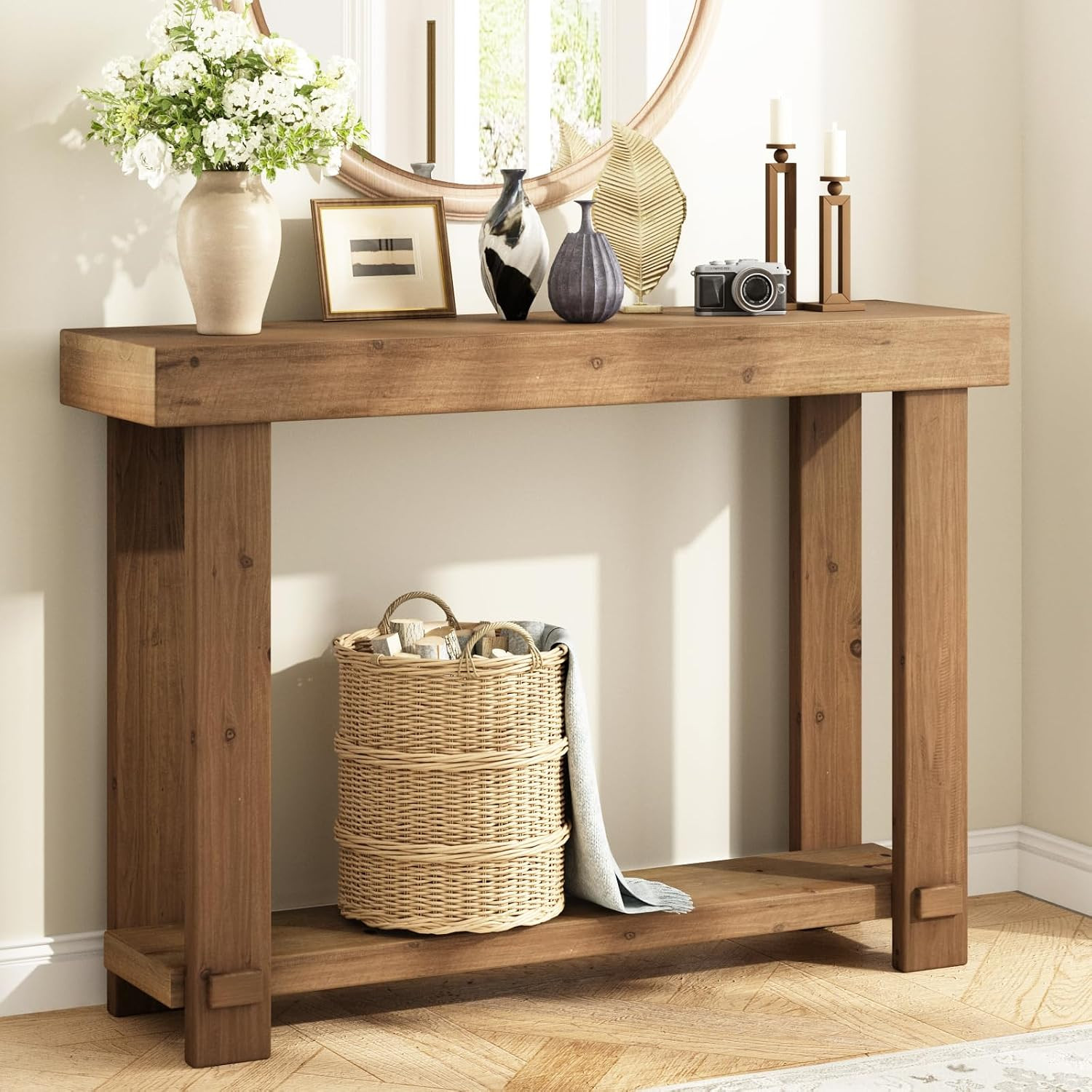 42.5" Solid Wood Console Table, Small Farmhouse Entryway Table | with Storage Sh