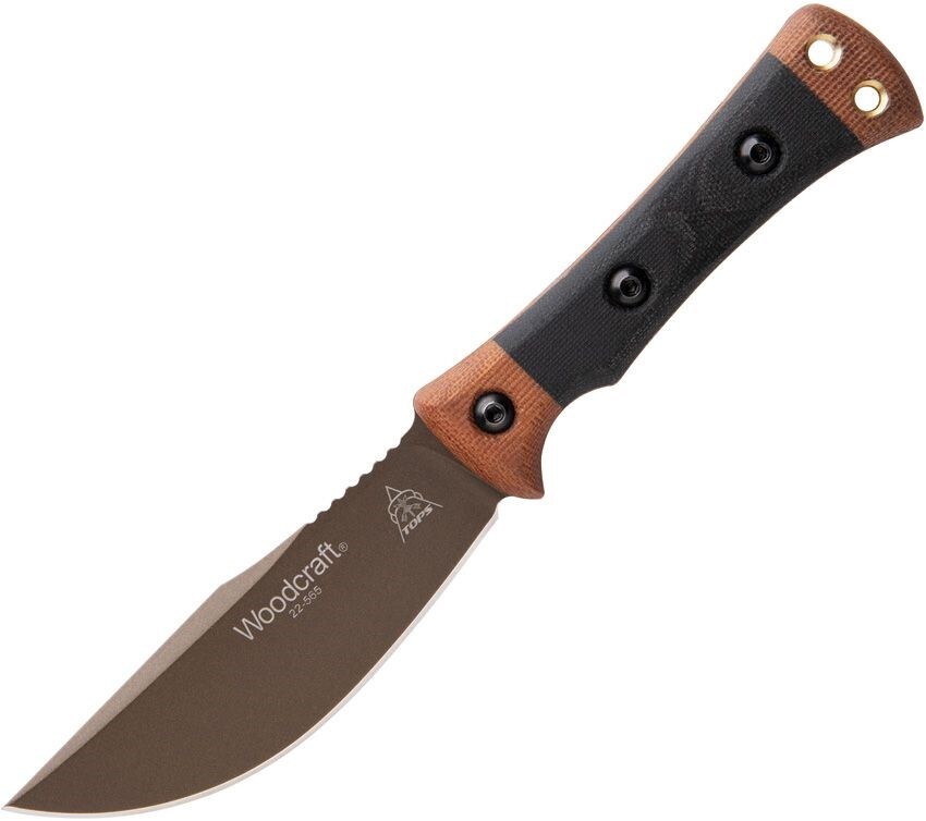 TOPS Woodcraft Fixed Blade Knife Black Tan Micarta Handle 1095HC Steel Bronze
