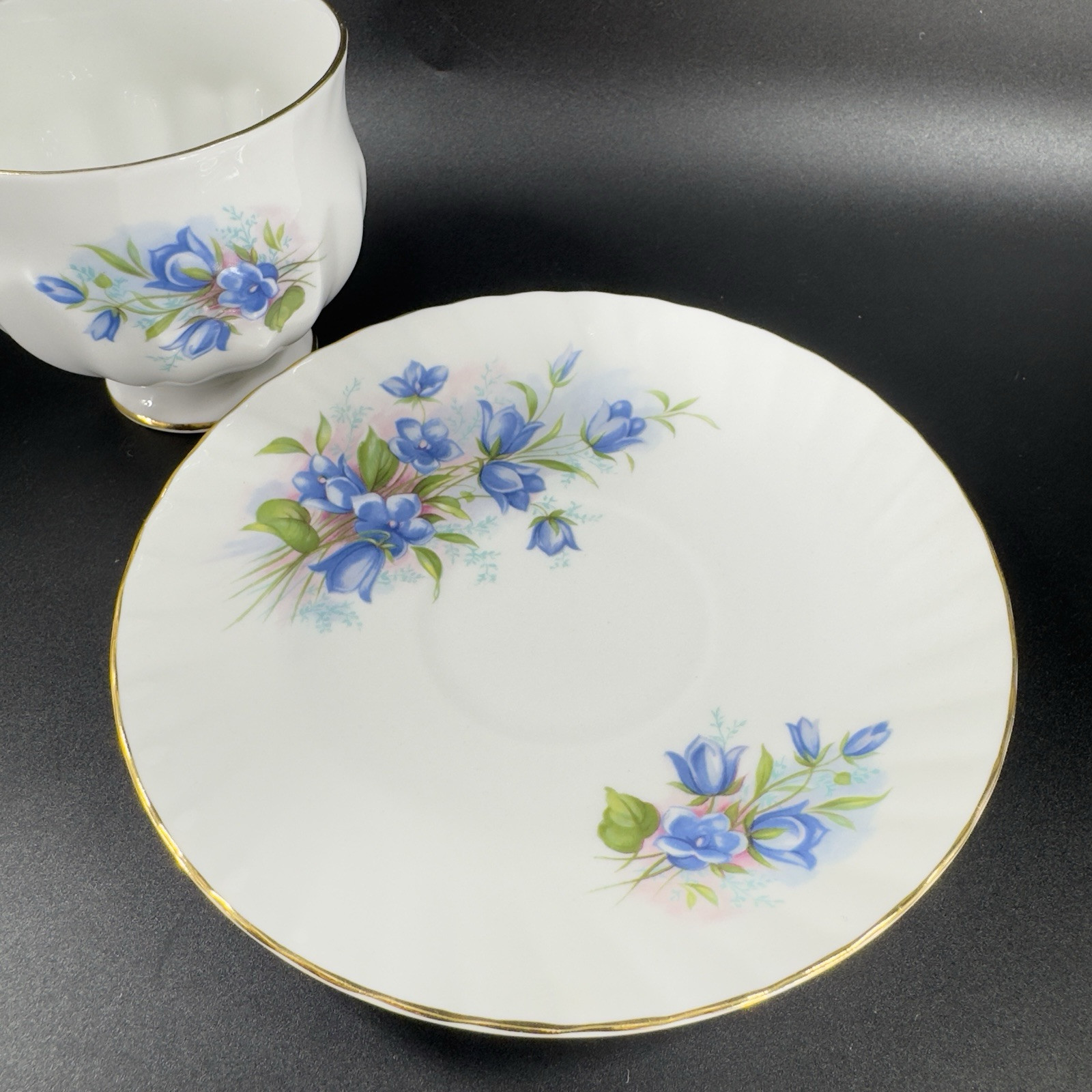 Queens Rosina China Co Blue Flowers Teacup Saucer Set Porcelain Vintage England