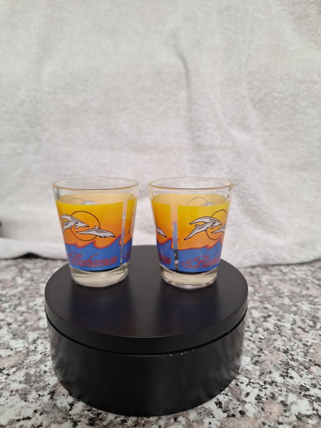 (2) Bahamas Shot Glasses Wih Dolphins And Waves