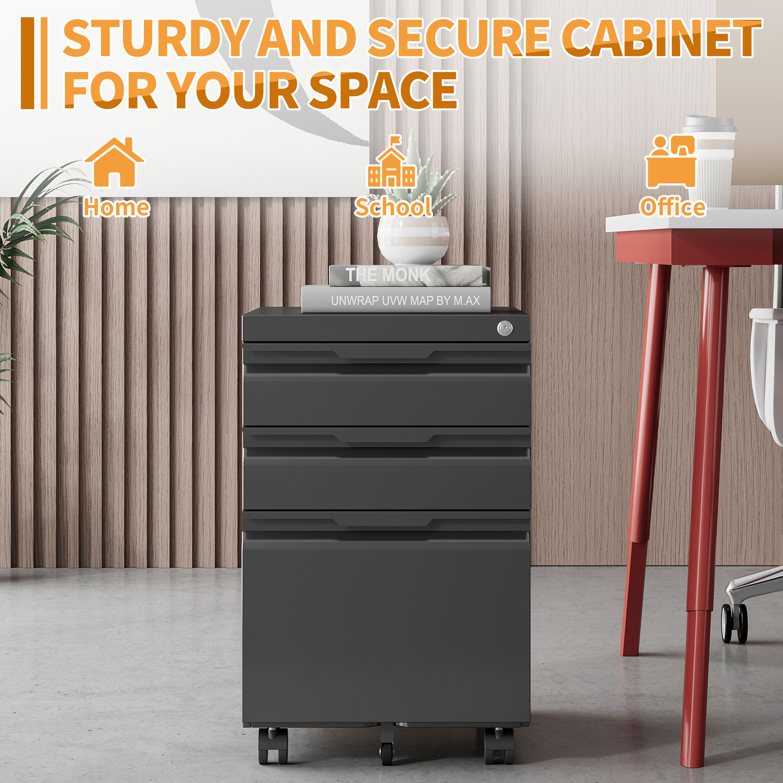 Metal 3 Drawers Office Rolling Filing Storage Cabinet with Lock on Wheels Filing