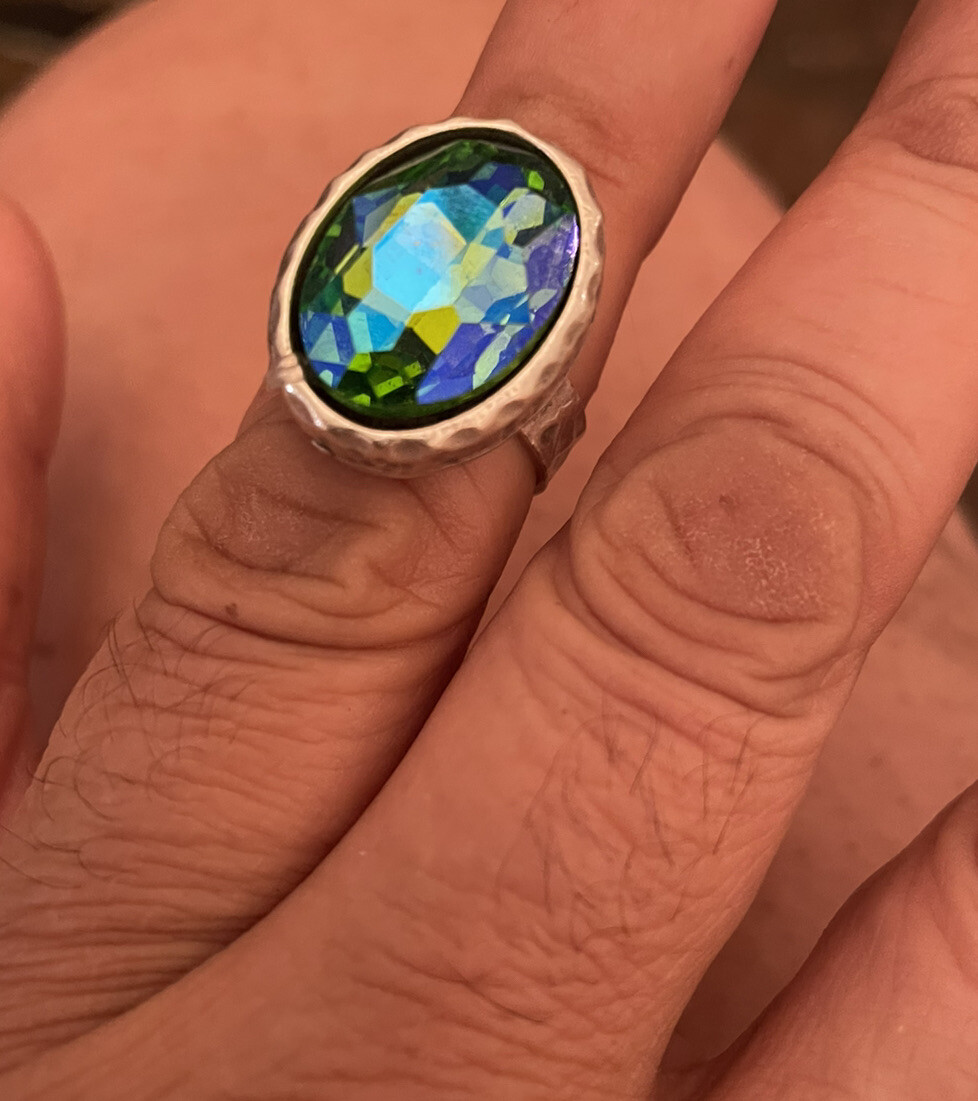 Retro Hammered Silver  W/ Turquoise Blue Crystal Ring - adjustable band - Size 6