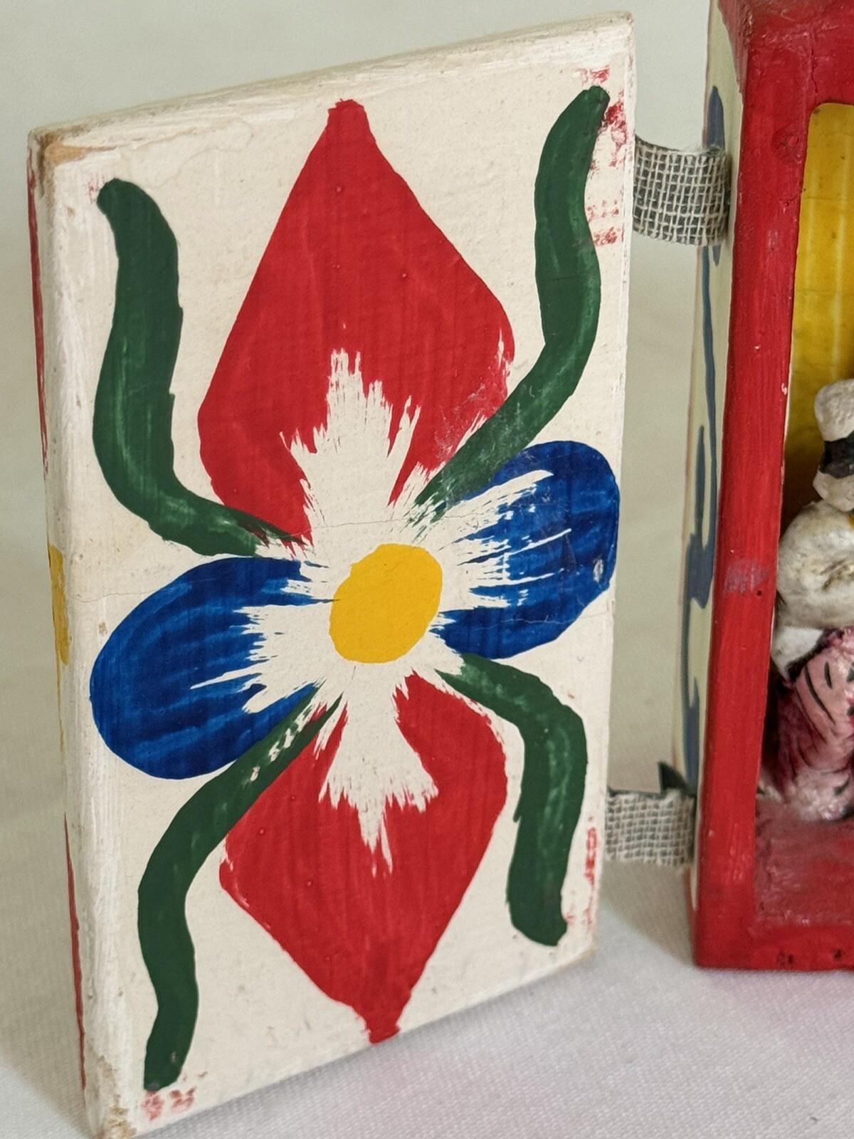 Vintage Peruvian Handpainted Folk And Wooden Retablo Shadow Box.