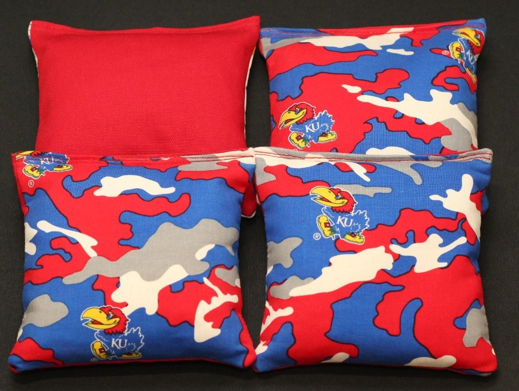4 CORNHOLE BEANBAGS made w University of KANSAS JAYHAWKS Fabric ACA Reg Bags