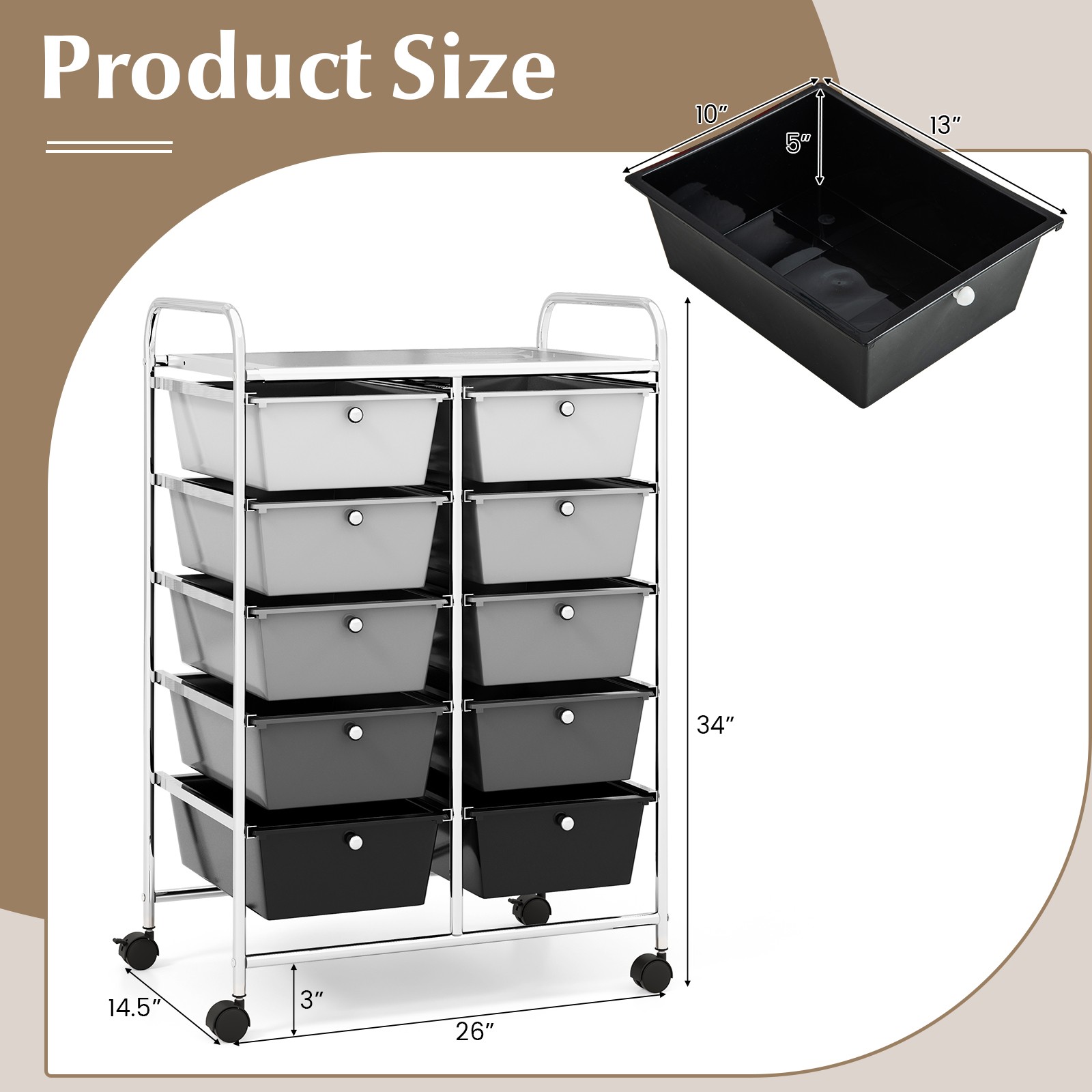 10-Drawer Storage Cart Utility Rolling Trolley Kitchen Organizer Black Gradient