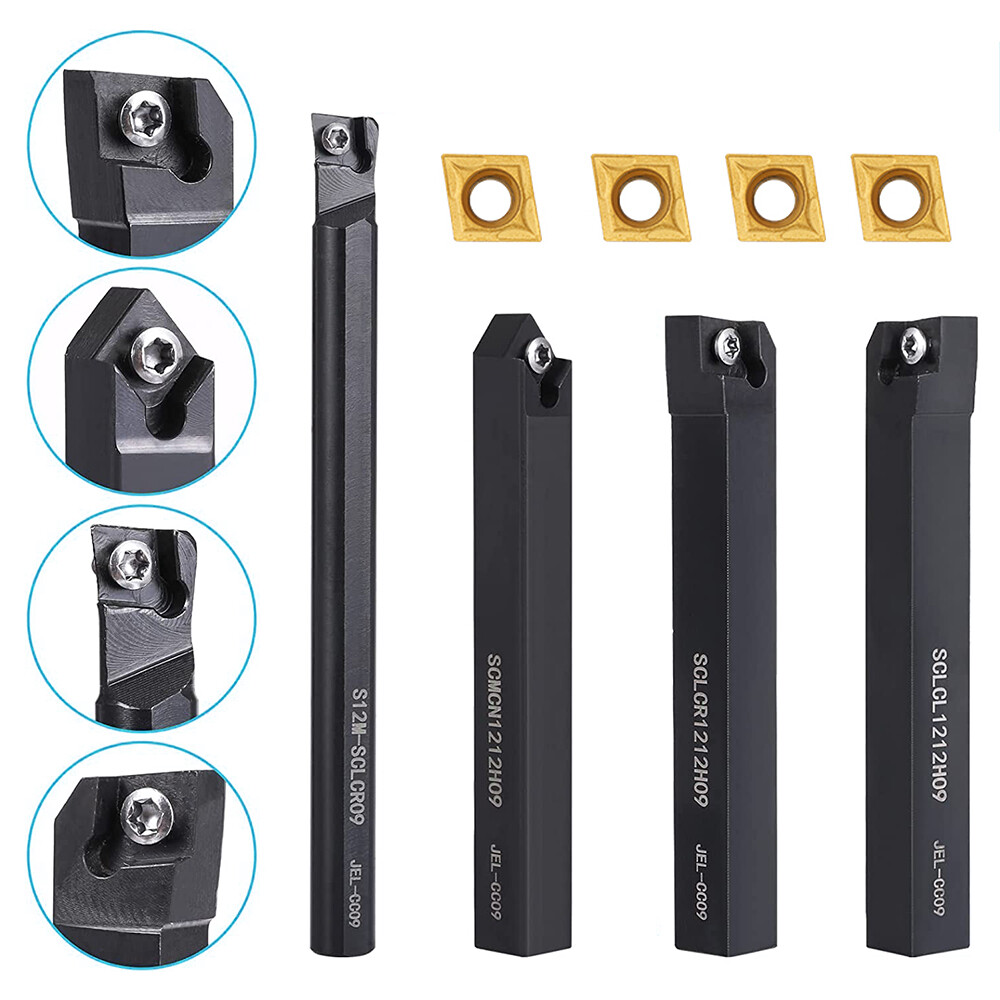 4Pcs Lathe Turning Tools + 10Pcs Indexable Carbide Inserts Boring Bar Holder Set