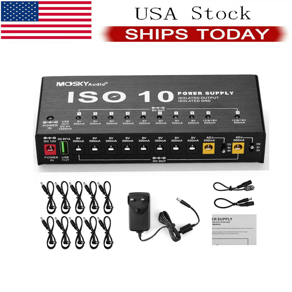Mosky  10 Outputs Guitar Effect Pedal Board Power Supply 9V 12V 18V Cables USA