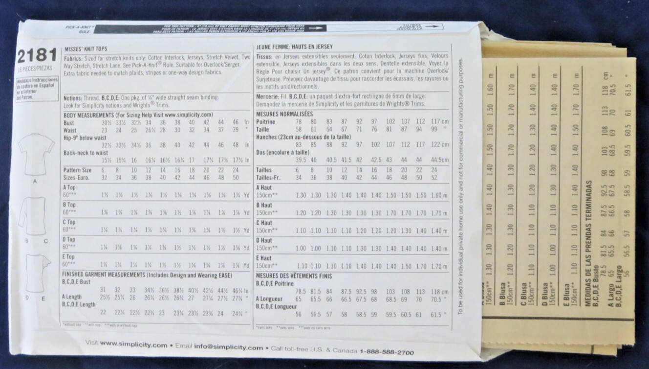 SIMPLICITY PATTERN 2181 KNIT TOPS MISSES SIZES 6 8 10 12 14 UNCUT FF