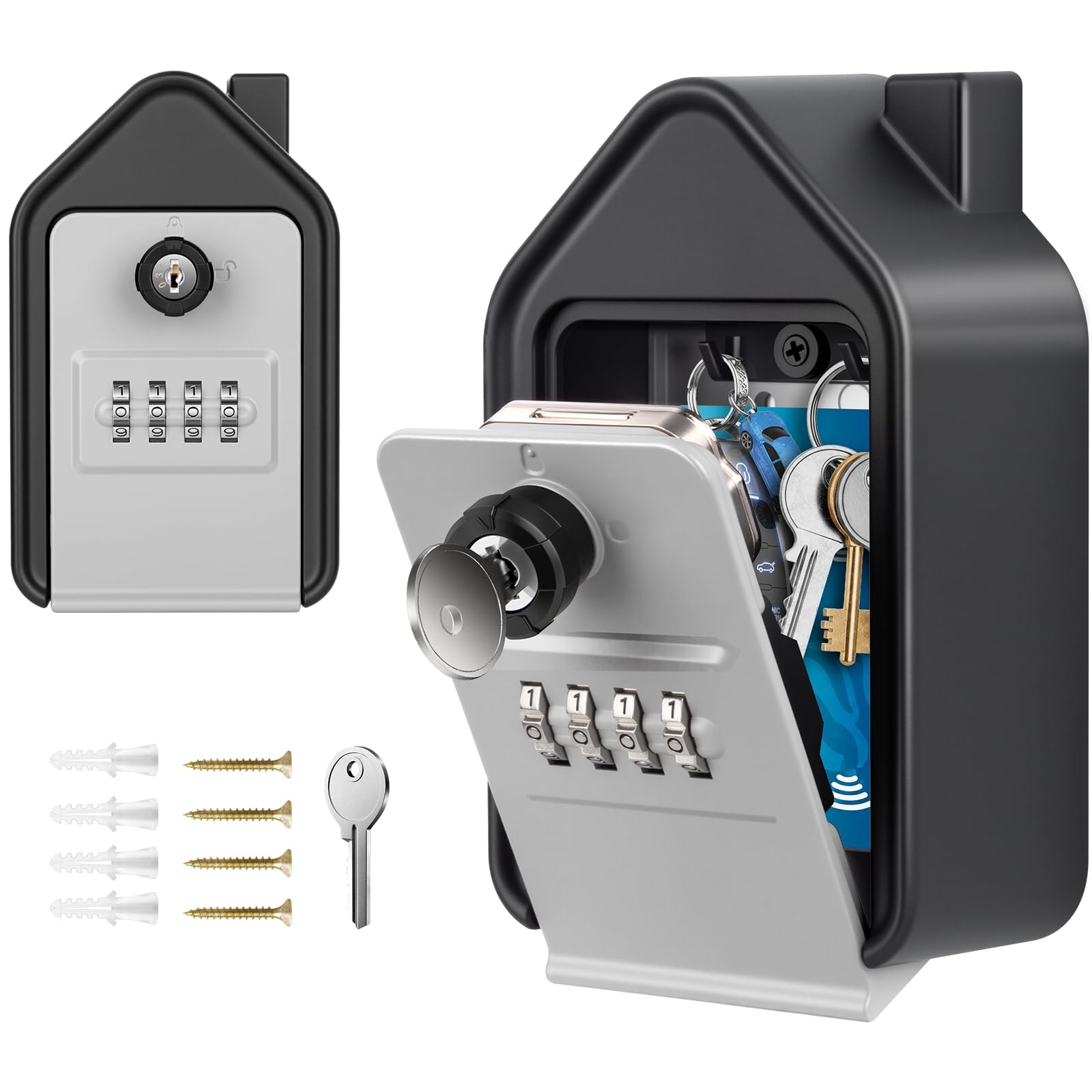 Wall Mounted Lock Box, Large Key Lock Box with Key, 4-Digit Combination Lock,...