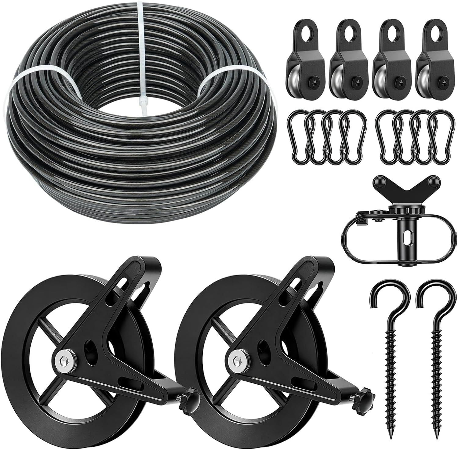 150ft Black Clothesline Pulley Kit with Aluminum Brake Pulleys | 3/16" Black Coa