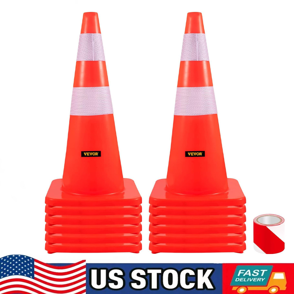 Pack of 12 28" Safety Cones w Rubber Base for Parking Traffic Control Heavy Duty