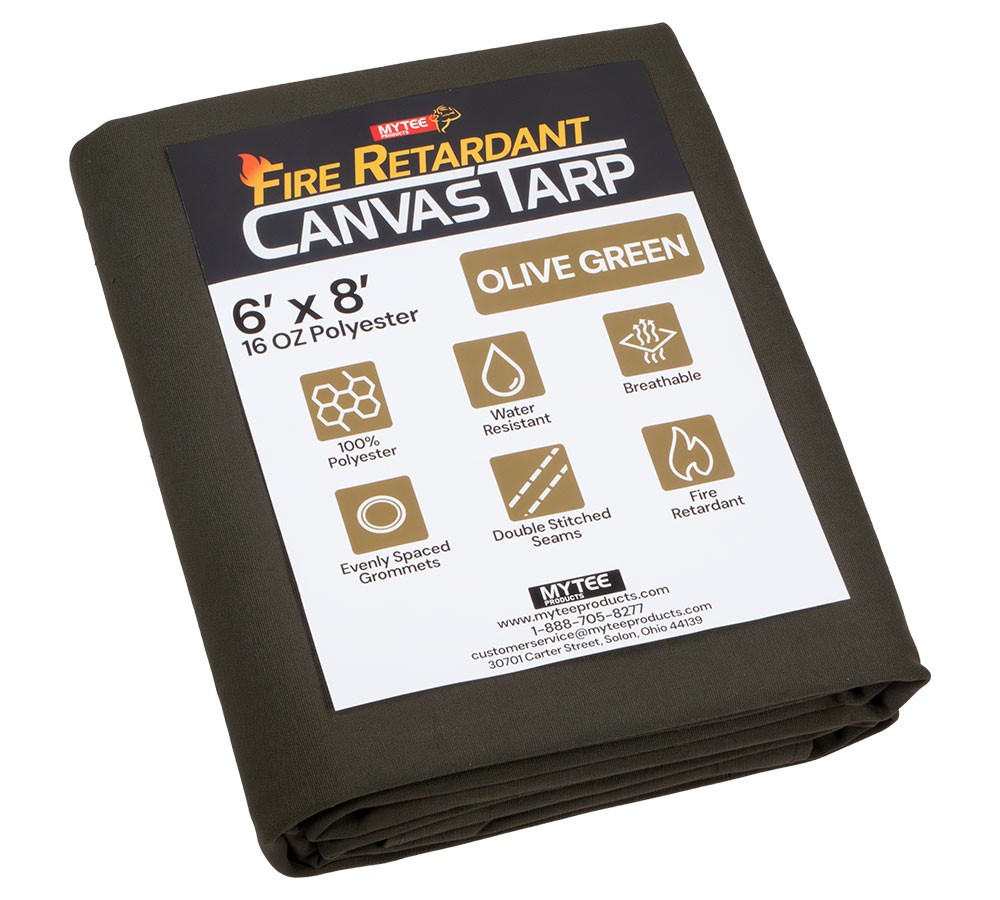 6'x8' Fire Retardant Canvas Tarp w/Aluminum Grommets - 16 oz, Olive Green