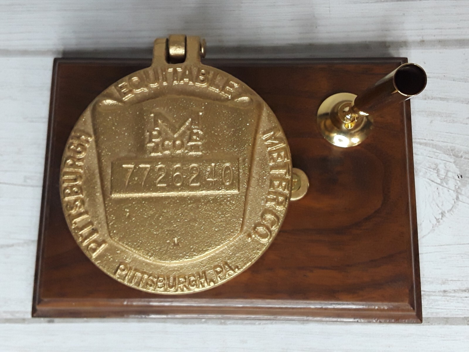 Vtg Brass Pittsburgh Equitable Meter Co. Water Meter Pen Holder Wood Base