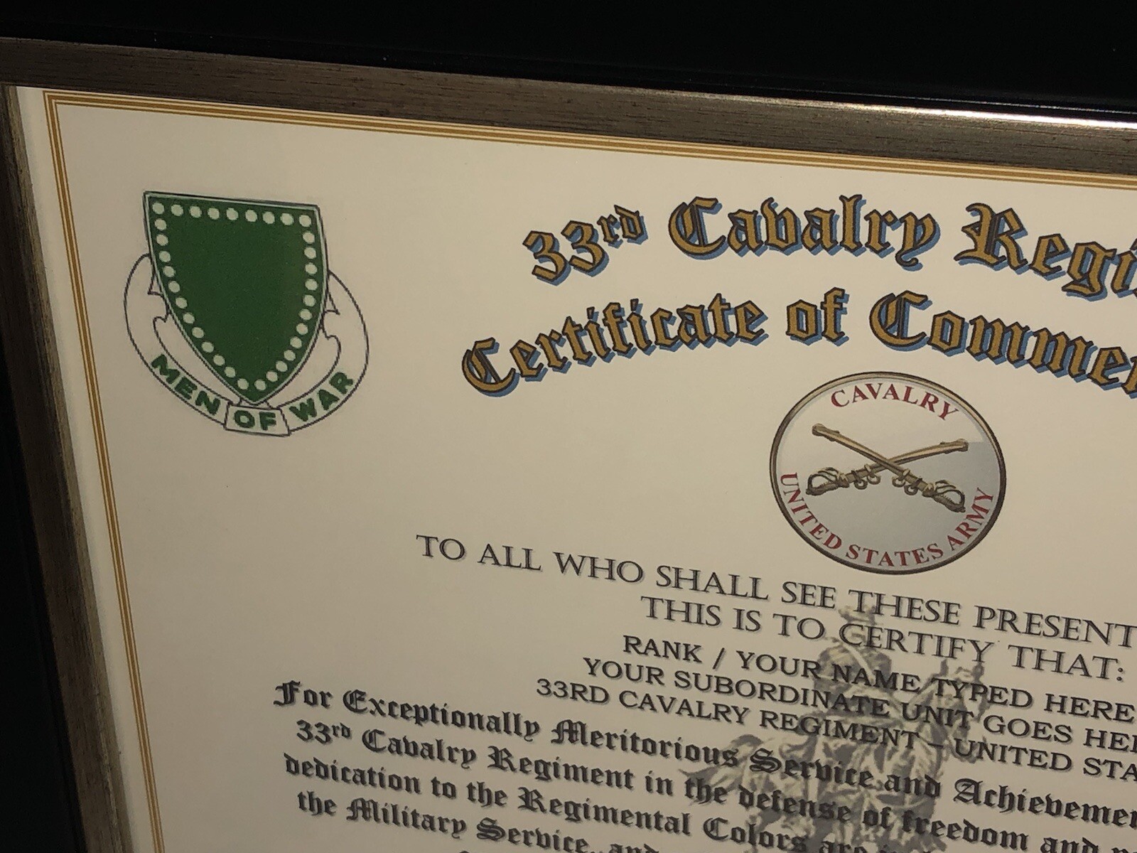 33RD U.S. CAVALRY REGIMENT / COMMEMORATIVE - CERTIFICATE OF COMMENDATION