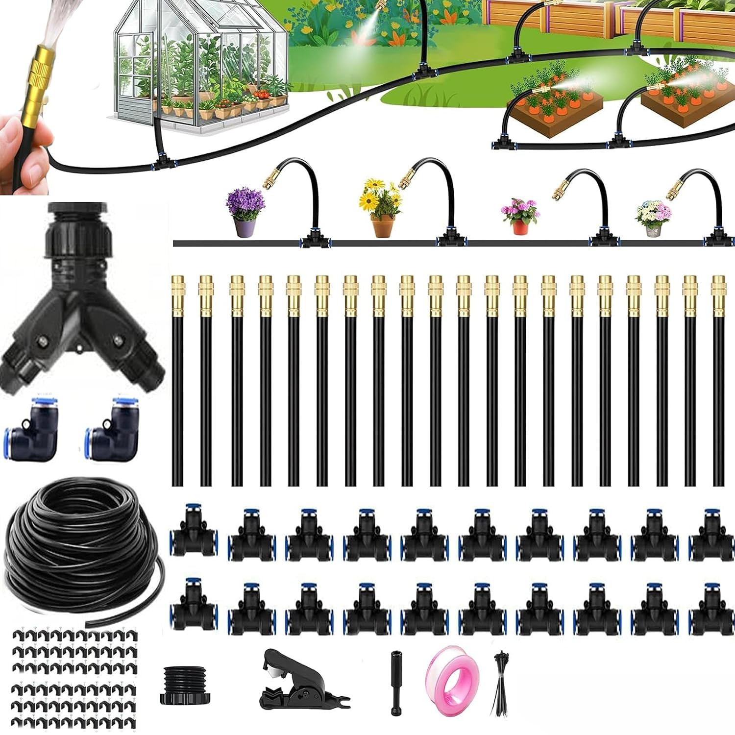 Drip Irrigation System with Brass Nozzles – 2026 Upgrade 100FT Garden Watering K