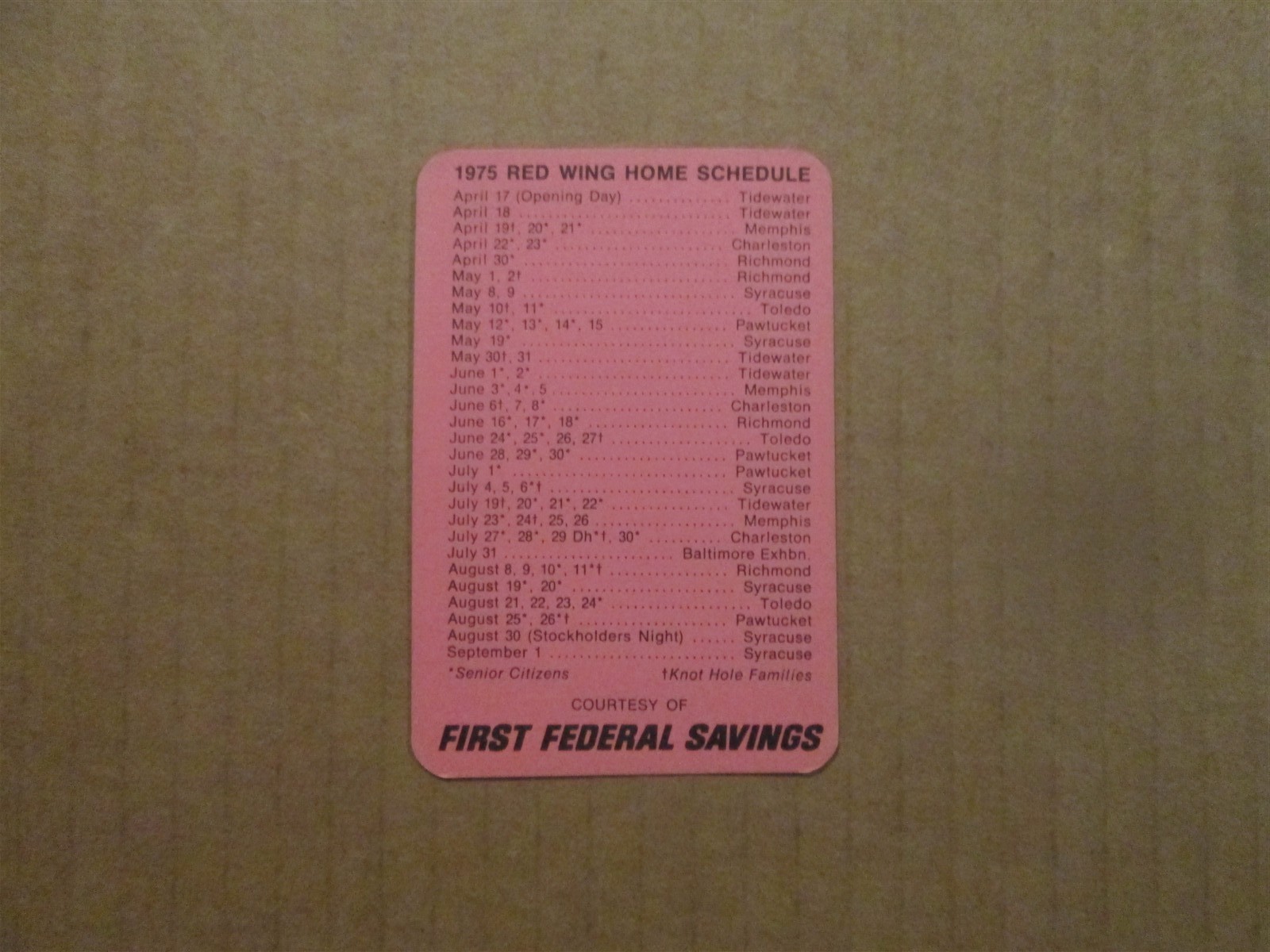 International League Rochester Red Wings Vintage 1975 Team Logo Card Schedule
