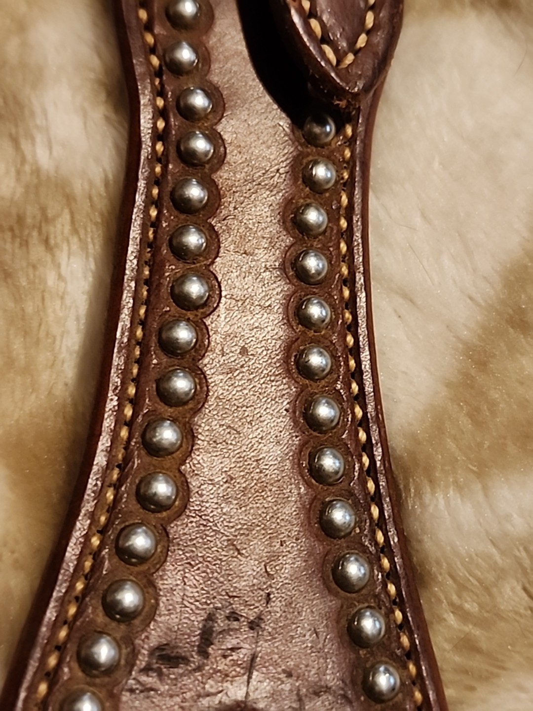 Double Eared Silver Dot Western Bridle Headstall Med Brown Leather EUC