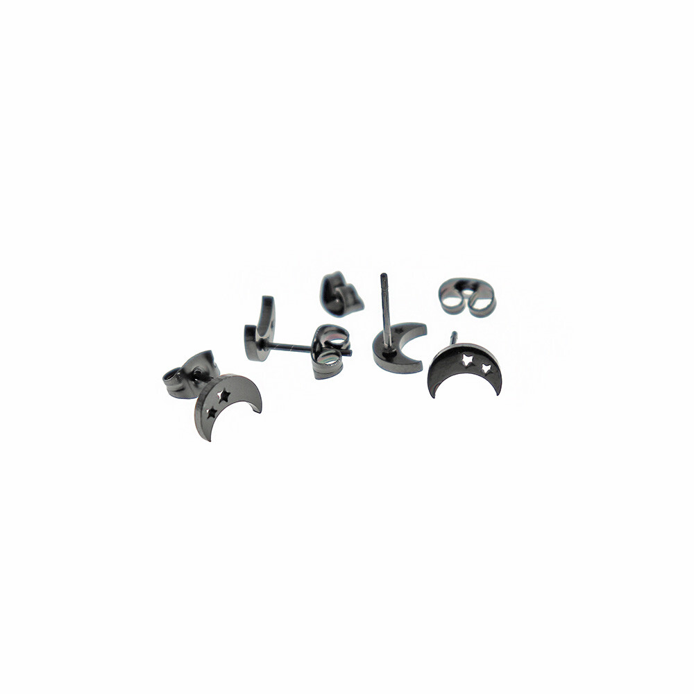 Black Stainless Steel Earrings - Moon Studs - 2 Pieces 1 Pair - ER436