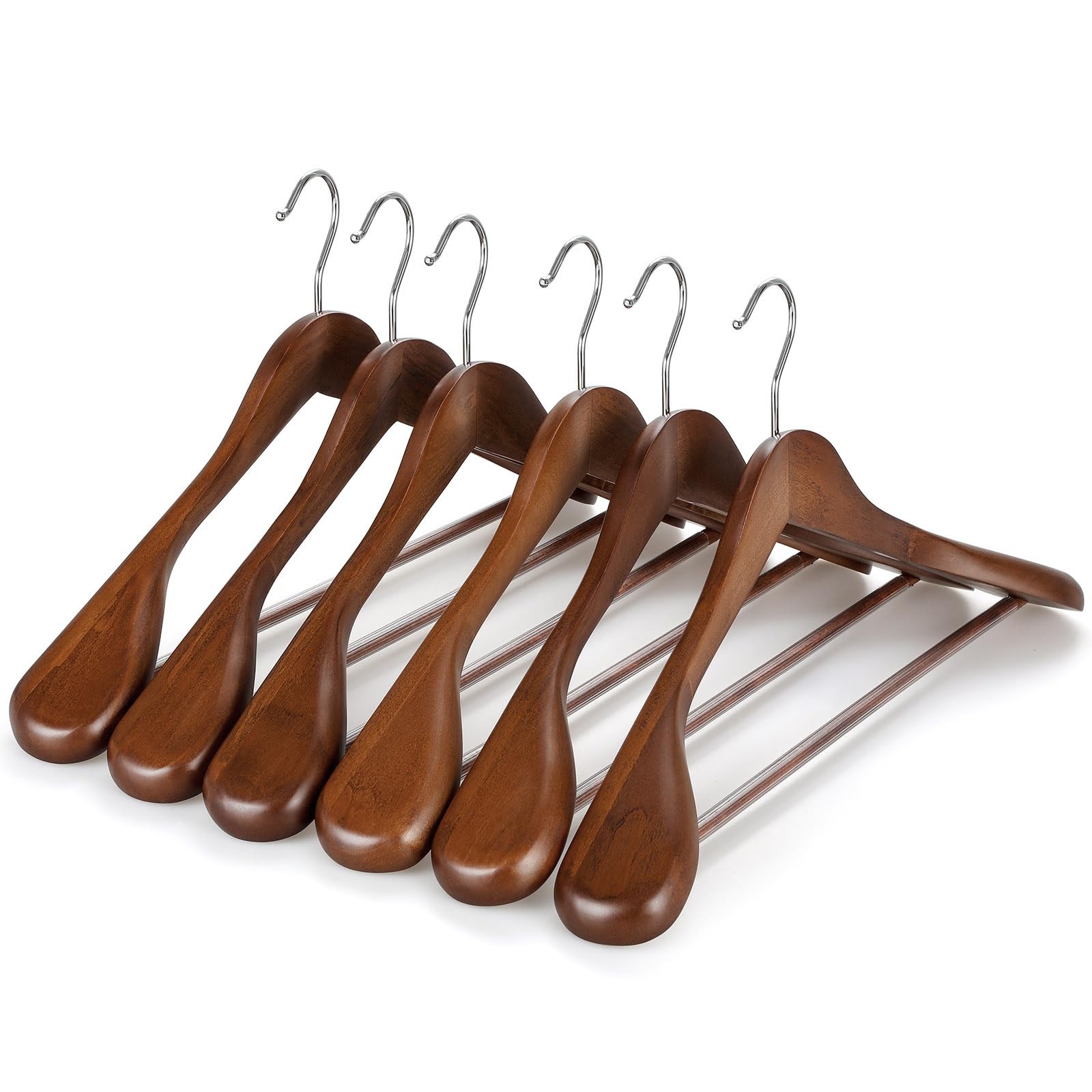 Wide Shoulder Wooden Hangers, Suit Hangers with Non Slip Pants Bar & 360° Swi...