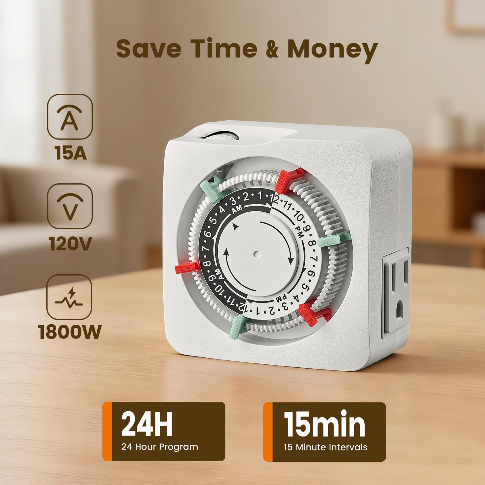 Mechanical Timer with 2 Grounded Outlets, Indoor Electrical Plug in Timer with T