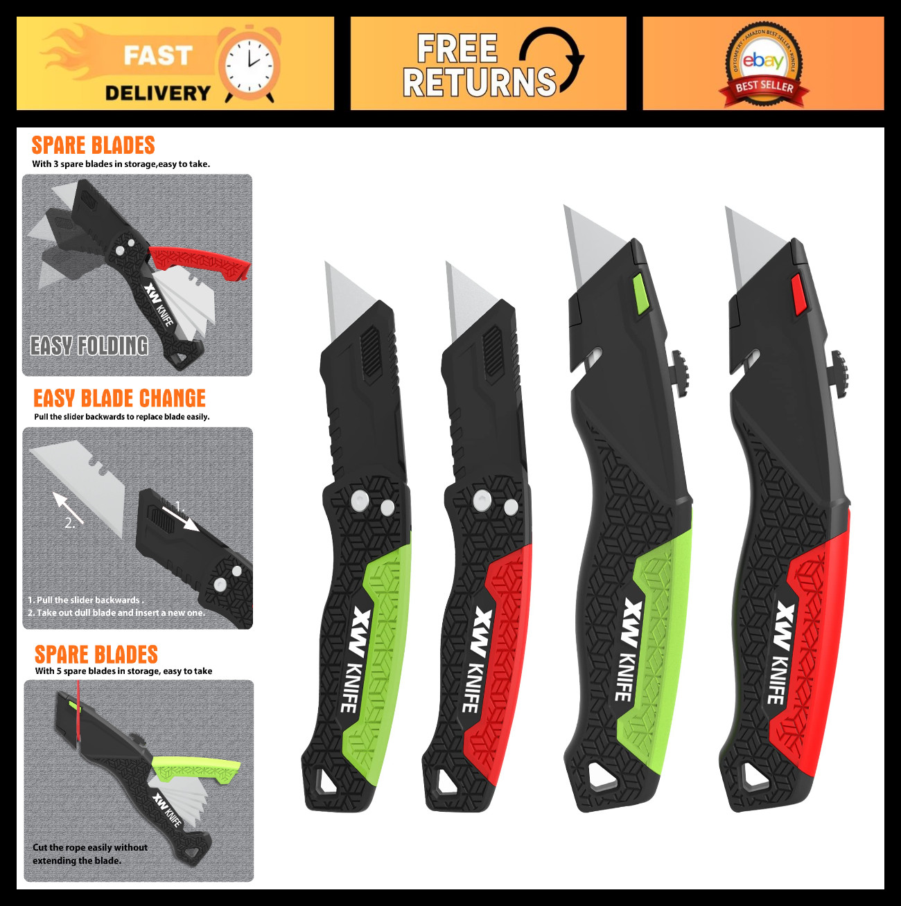 Utility Knife Set - Retractable Box Cutter & Folding Knife, 20 Blades, 4-Pack